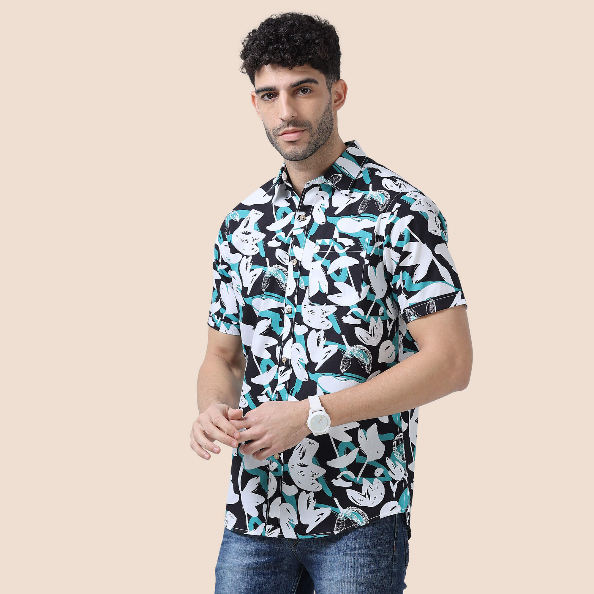Ashley Cotton Half Sleeves Shirt In Teal / Black Abstract Print - Image 3
