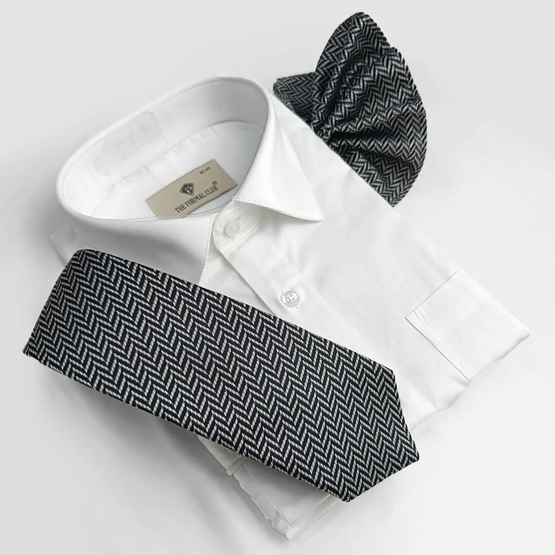 Chevron Handmade Tie & Pocket Square in Black & Grey - Image 4