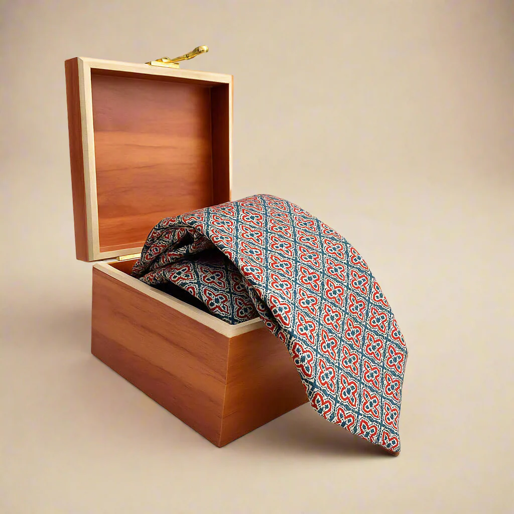 Heritage Geometric Handmade Tie & Pocket Square in Red & Navy - Image 3