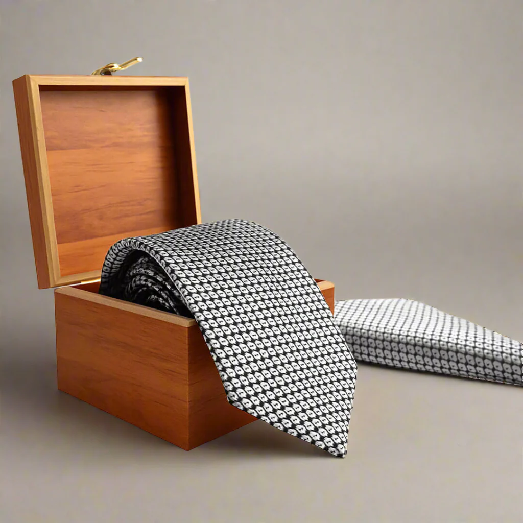 Windsor Geometric Handmade Tie & Pocket Square in Black & Silver - Image 3