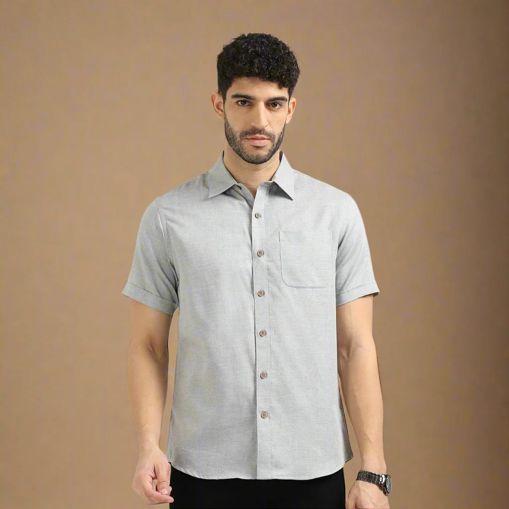 Woods Lyocell Half Sleeves Shirt In Grey Melange - Image 7